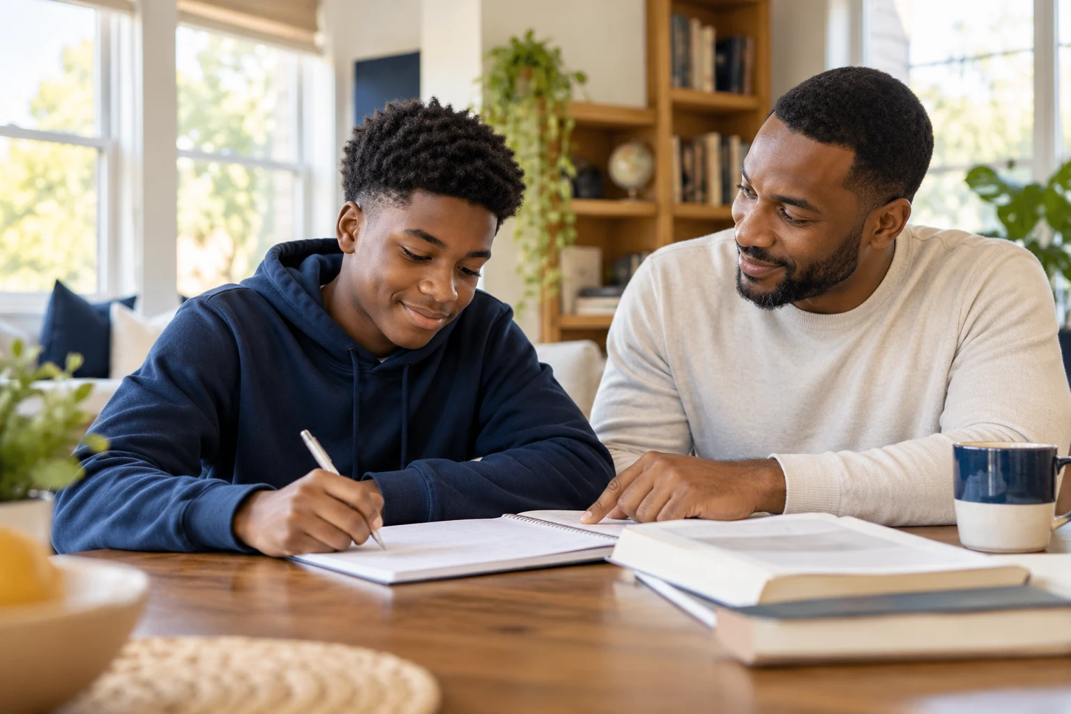 AI-generated illustration of a teenage boy studying with an adult mentor